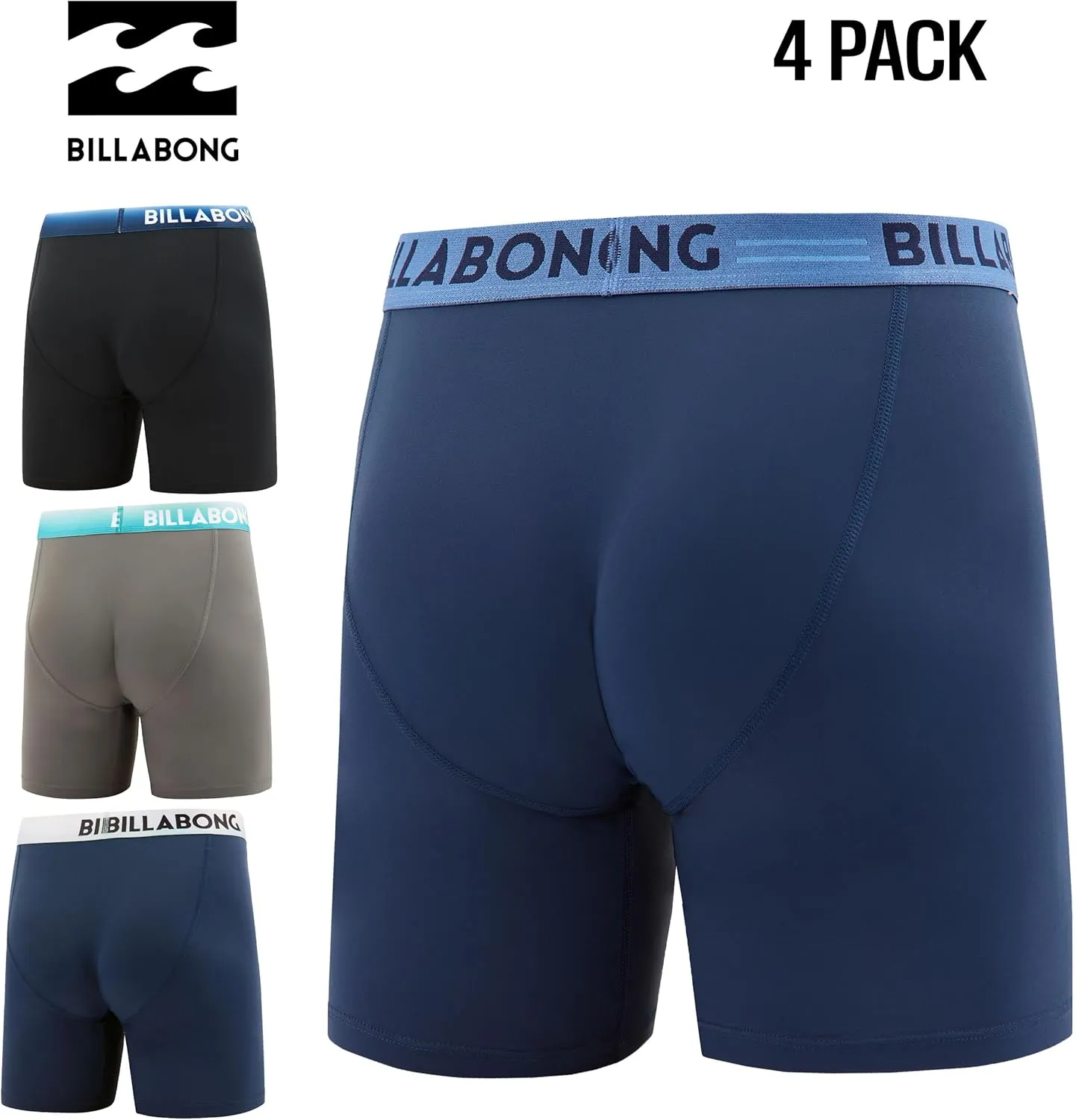 Billabong Mens Boxer Briefs 4 Pack Long Leg Performance Compression Shorts Mens Underwear 7.5” Inseam