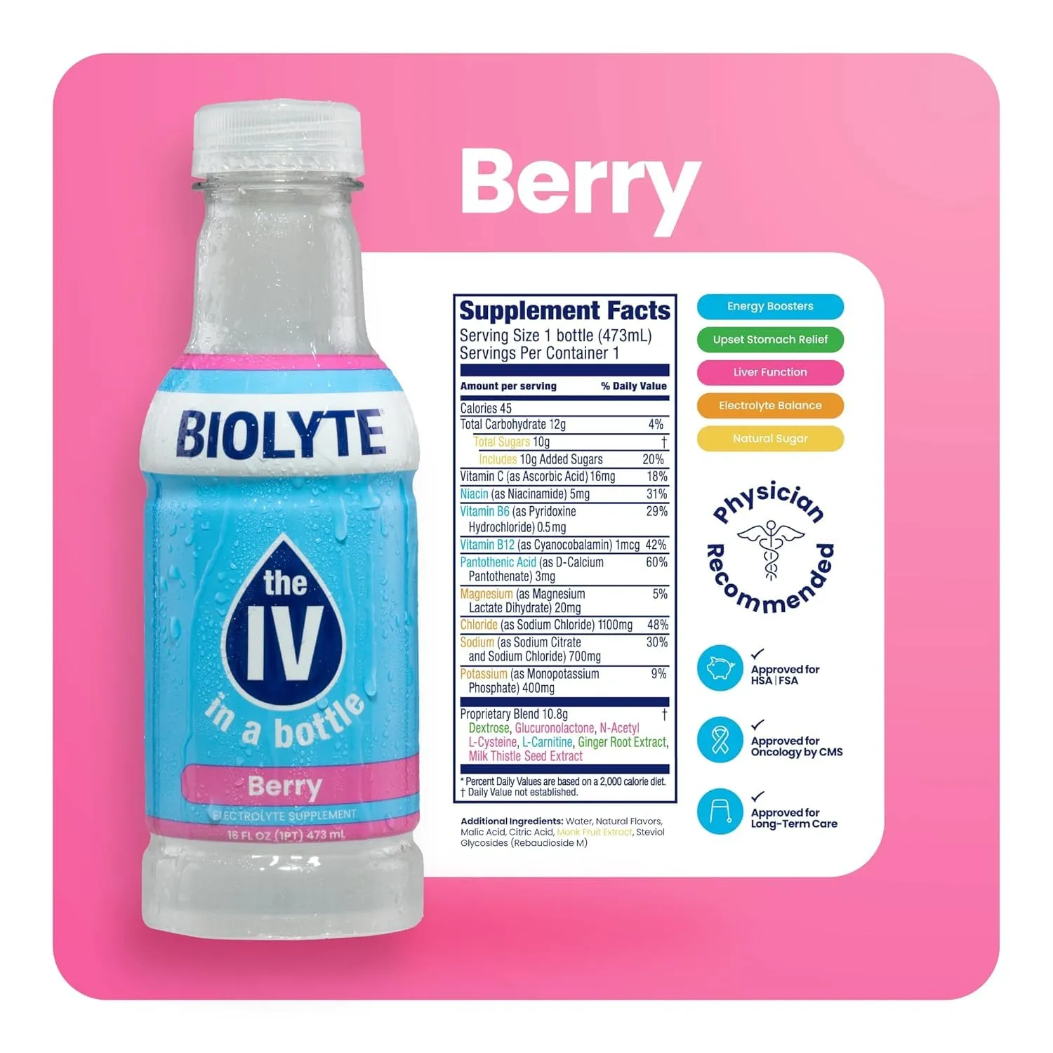 BIOLYTE Electrolyte Drink - Doctor-Formulated Hydration Drink, HSA & FSA Electrolytes Water, Chemotherapy Must Haves for Women and Men, Rehydration IV Liquid in a Bottle - Berry, 16 Fl Oz (12 Pack)