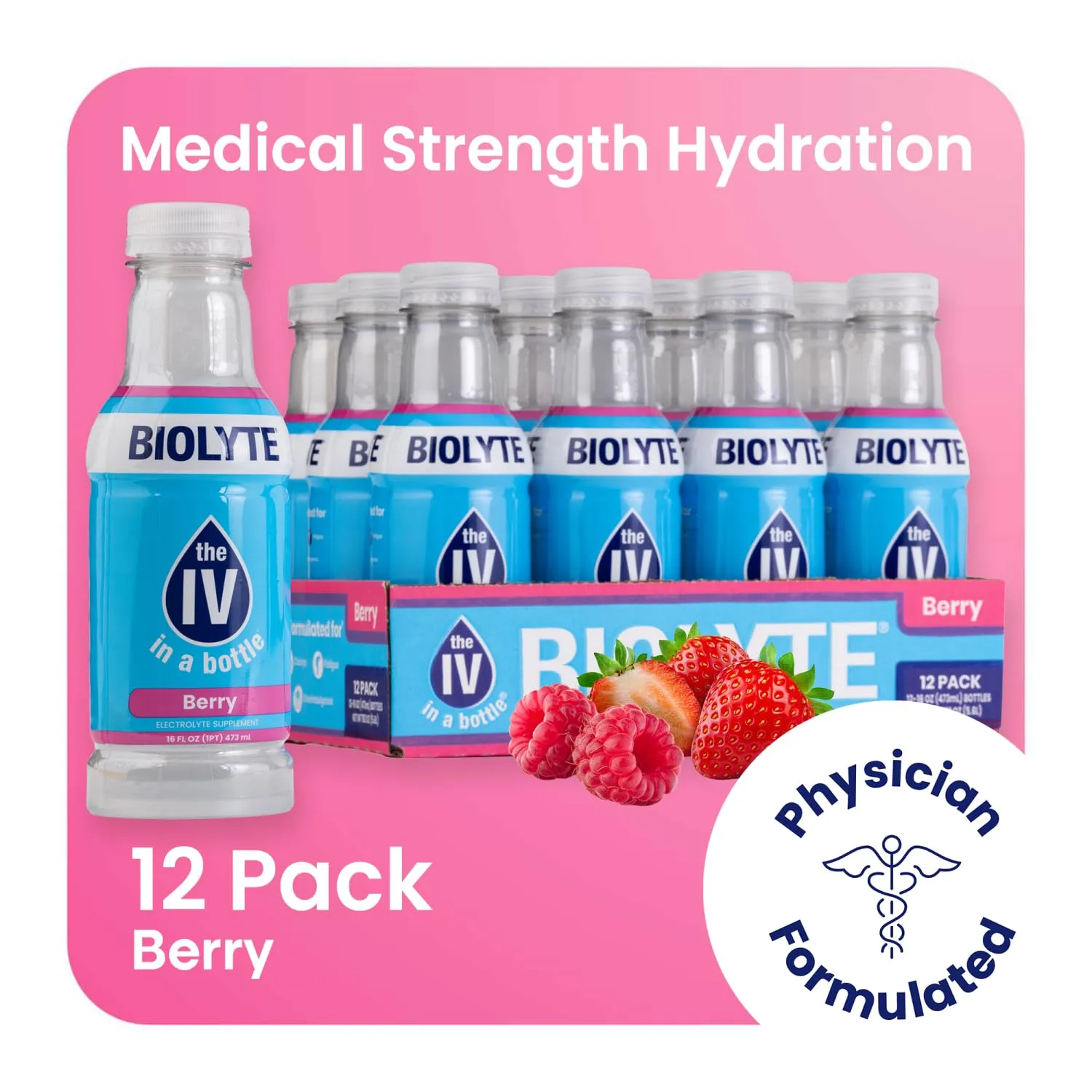 BIOLYTE Electrolyte Drink - Doctor-Formulated Hydration Drink, HSA & FSA Electrolytes Water, Chemotherapy Must Haves for Women and Men, Rehydration IV Liquid in a Bottle - Berry, 16 Fl Oz (12 Pack)