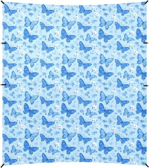 Blue Butterfly Flowers Foldable Beach Tent UPF50 Lightweight Portable Sunshade with Sandbags & Sand Shovel for Family Travel