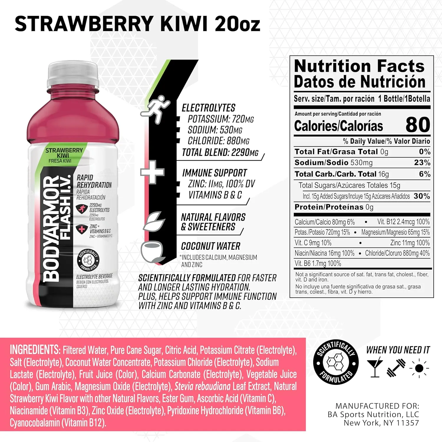 BODYARMOR Flash I.V. Electrolyte Beverage, Strawberry Kiwi, Hydration Drink with Coconut Water For Rapid Rehydration, Post Workout Recovery, 20 Fl Oz (Pack of 12)