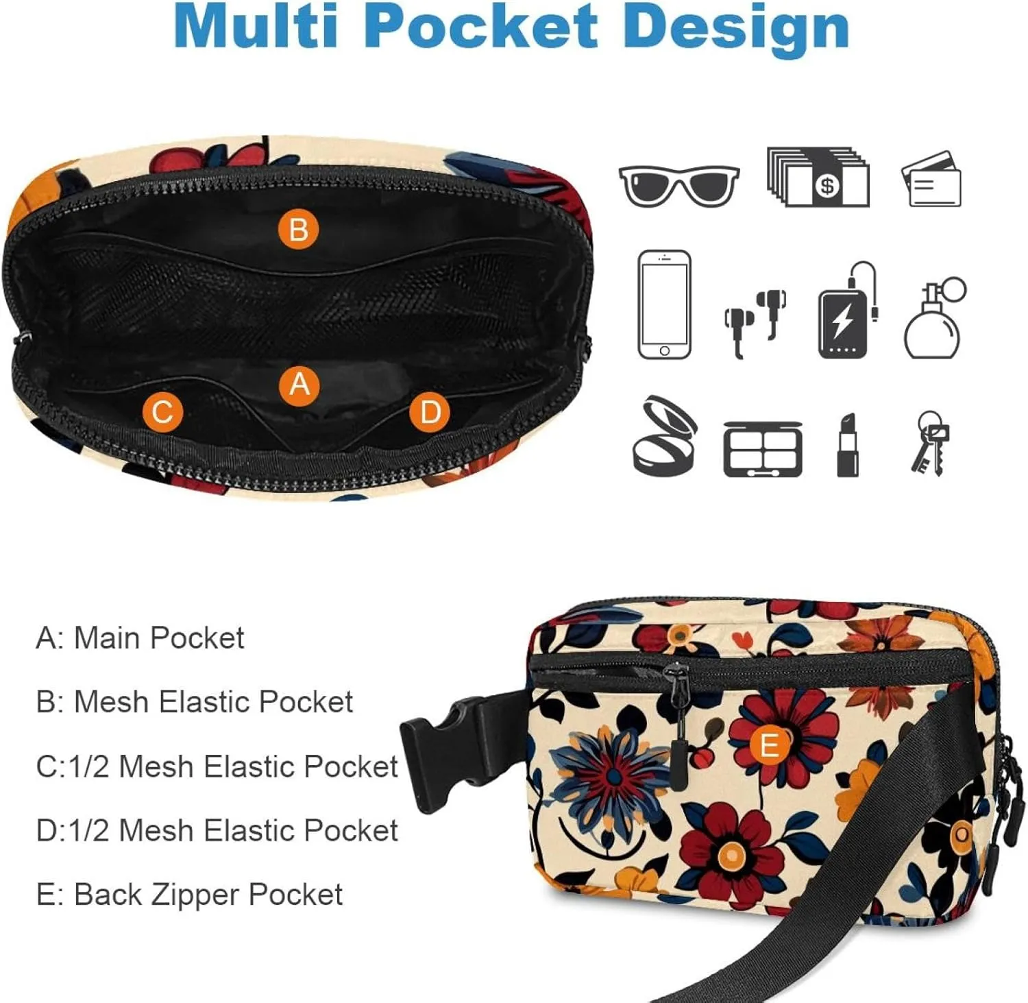 Boho Floral-25 Crossbody Fanny Pack for Men&Women,Belt Bag for Travel Casual Walking Running Hiking Cycling