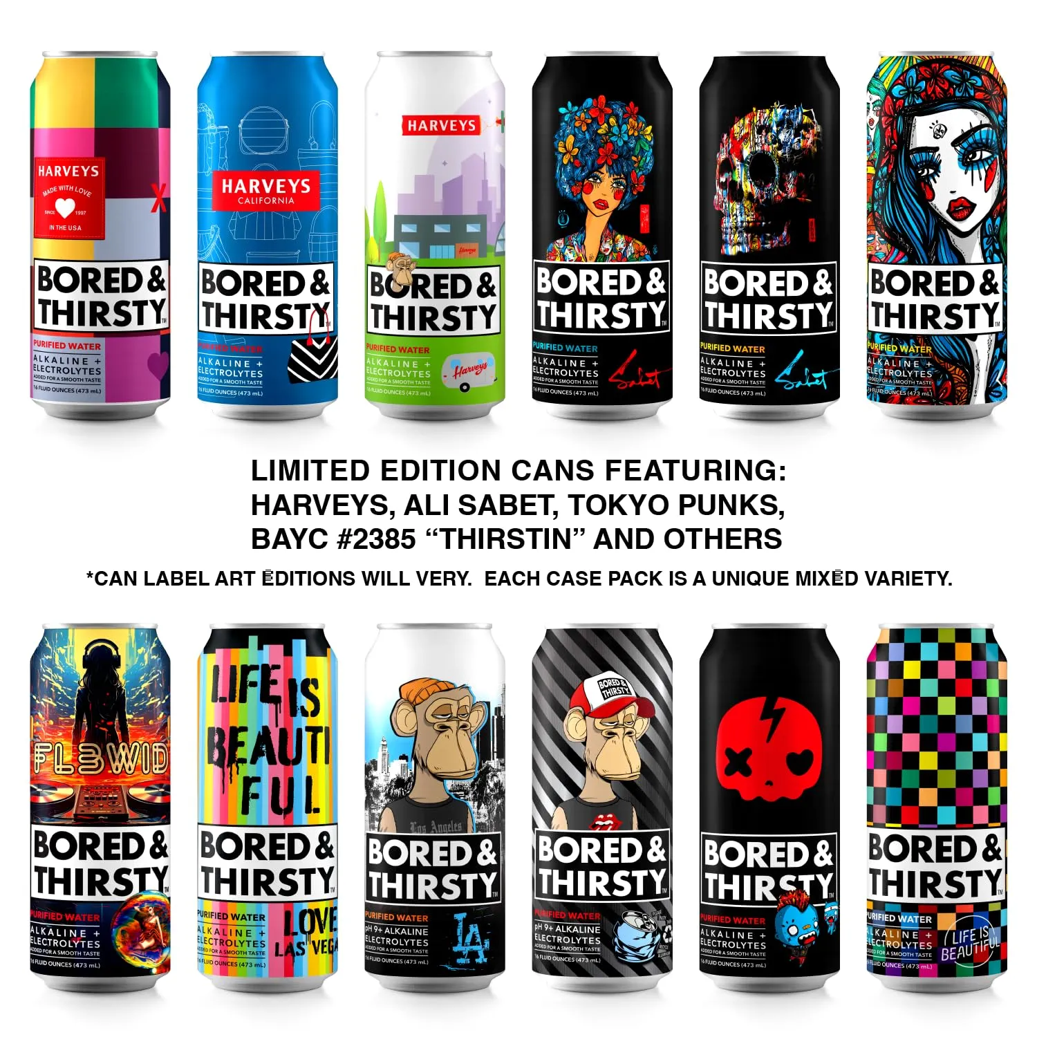 BORED & THIRSTY Alkaline Water with Electrolytes and Trace Minerals. 16 FL OZ -100% Recyclable Aluminum Cans 12 Pack Limited Edition Can Art in Variety 12 Pack