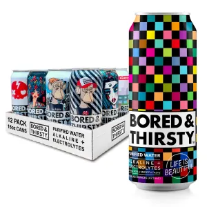 BORED & THIRSTY Alkaline Water with Electrolytes and Trace Minerals. 16 FL OZ -100% Recyclable Aluminum Cans 12 Pack Limited Edition Can Art in Variety 12 Pack