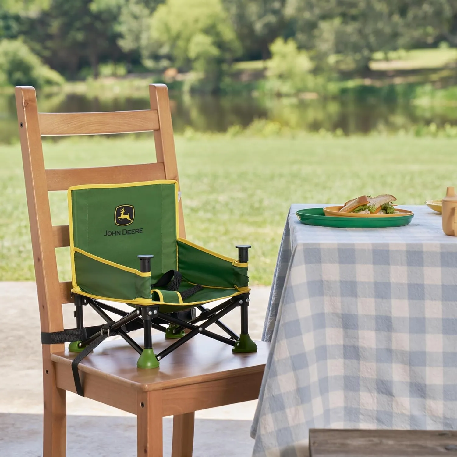 Bright Starts John Deere Pop 'N Sit Portable Booster Chair, Floor Seat, Indoor/Outdoor Use, Compact Fold, Green and Yellow, 6 Mos - 3 Yrs