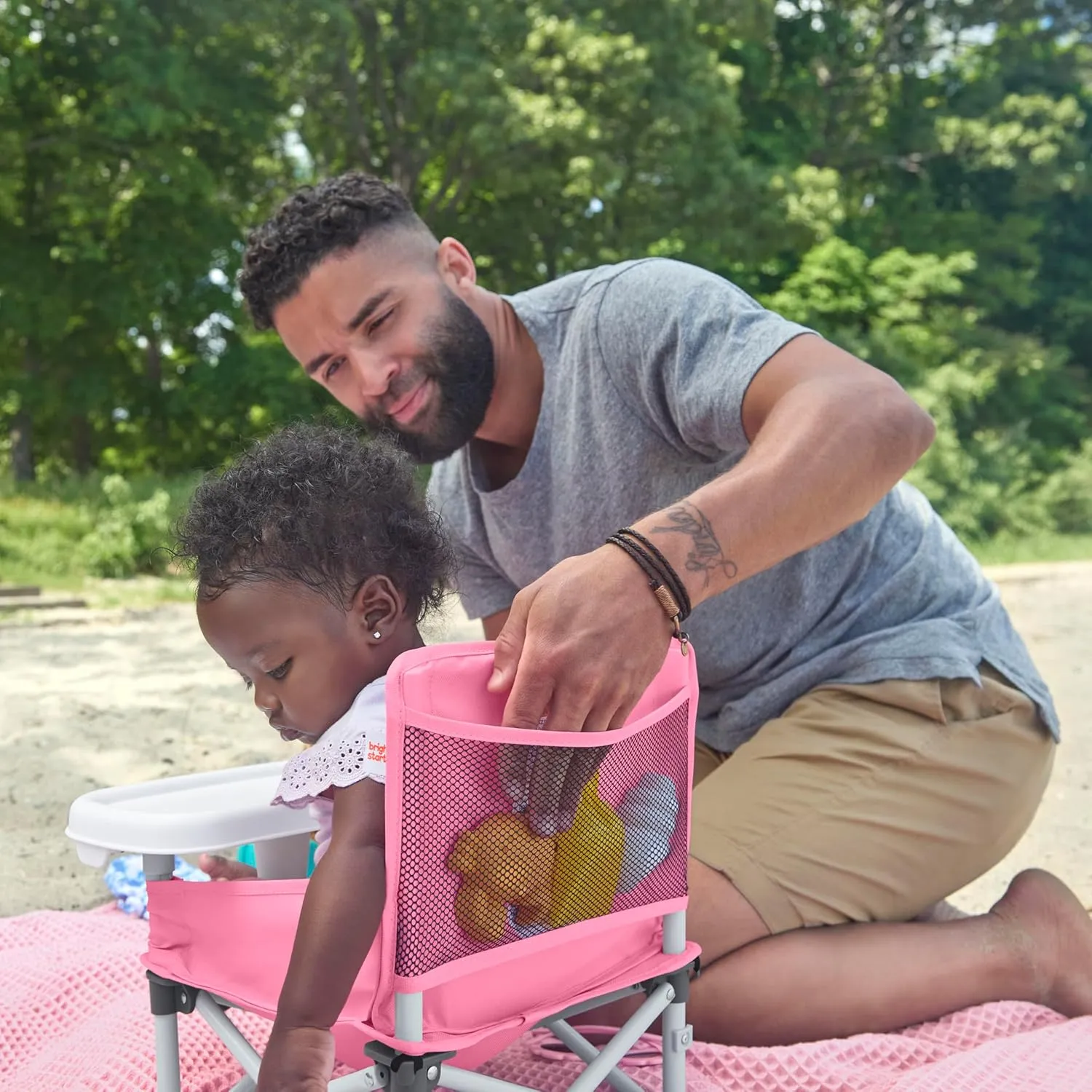 Bright Starts Pop 'N Sit Portable Booster, Indoor/Outdoor Use, Floor Seat with Feeding Tray, Pink, 6 Mos - 3 Yrs