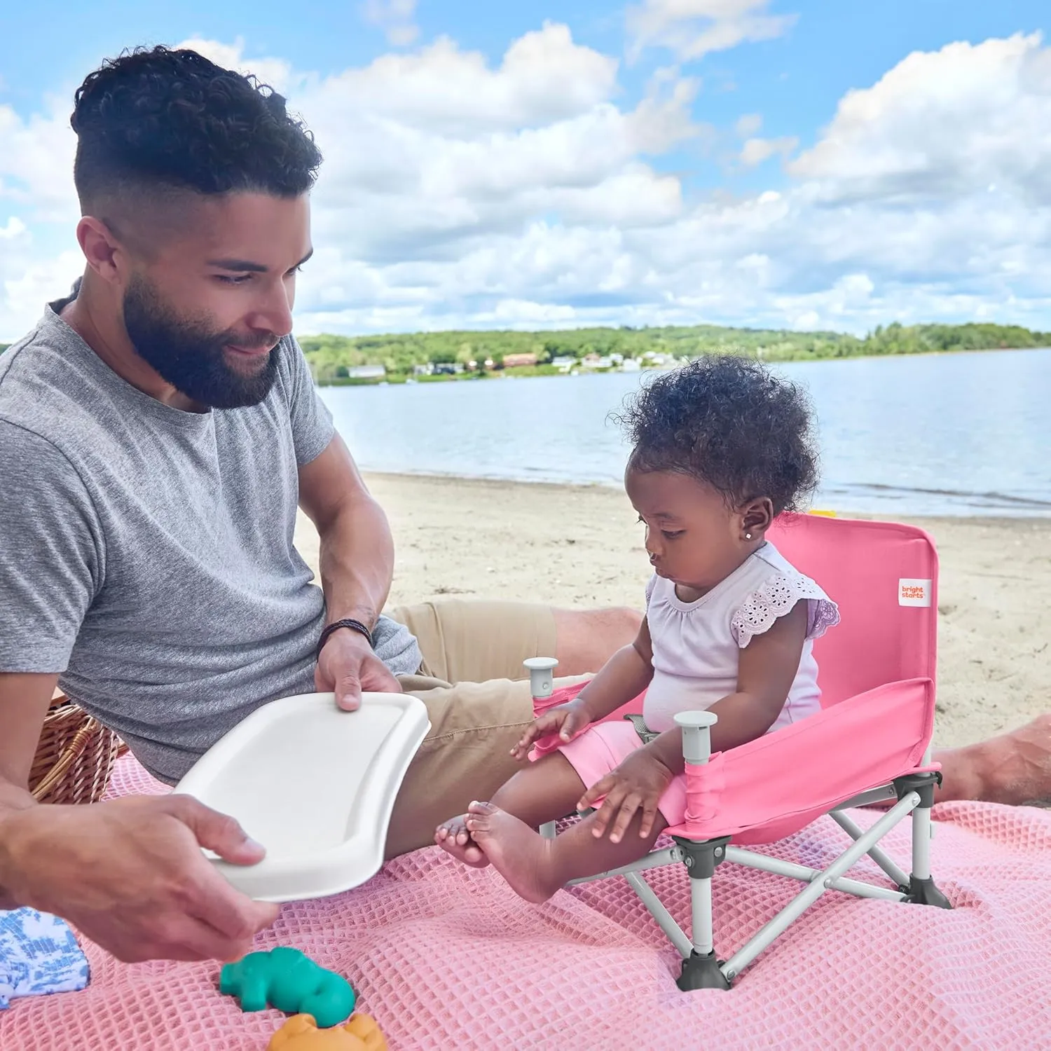 Bright Starts Pop 'N Sit Portable Booster, Indoor/Outdoor Use, Floor Seat with Feeding Tray, Pink, 6 Mos - 3 Yrs