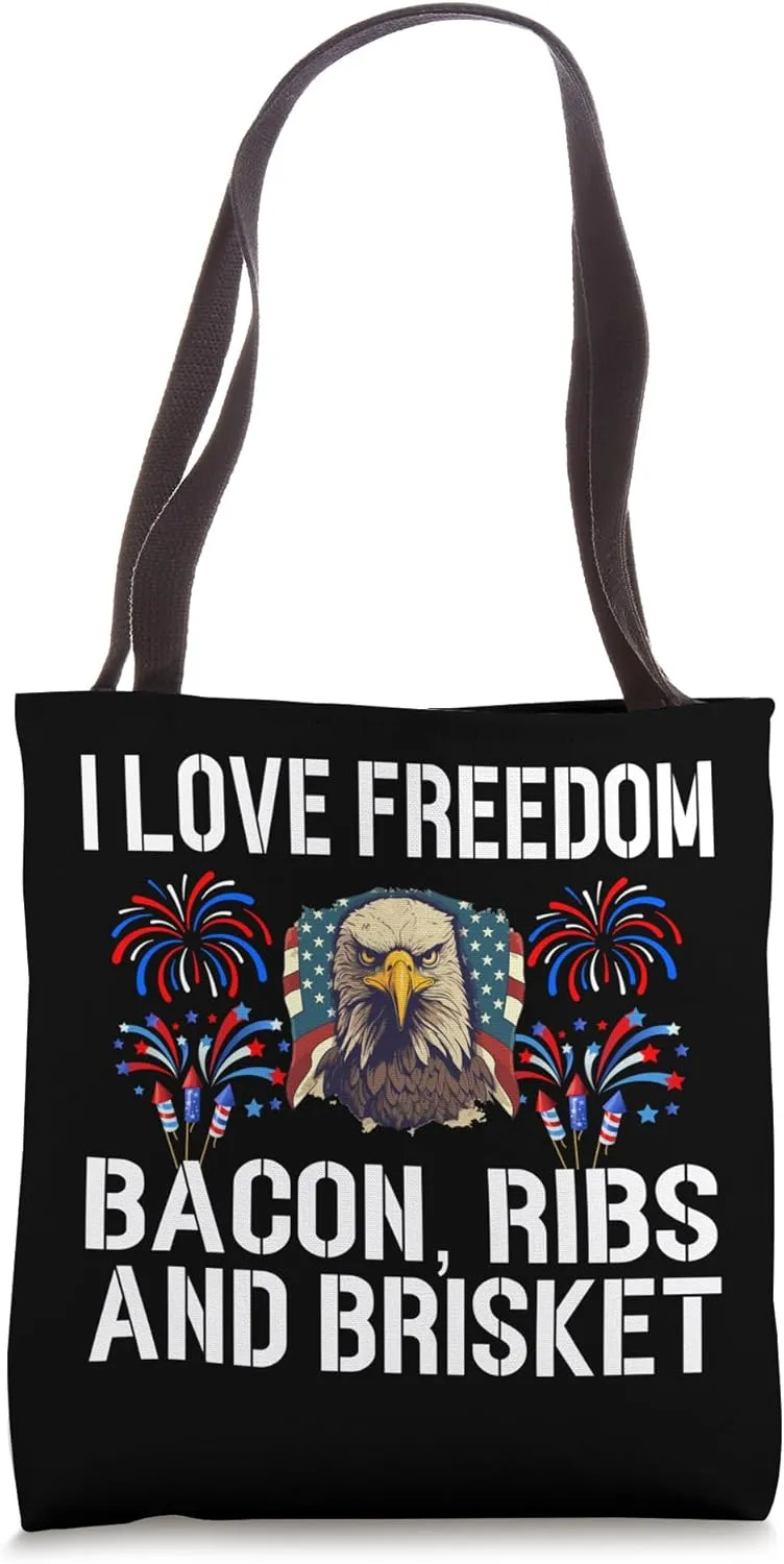 Brisket Bacon Ribs & Freedom Grill BBQ Meat Smoking USA Flag Tote Bag