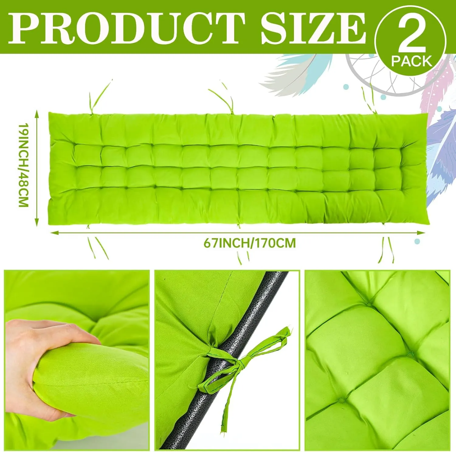 Bucherry 67 x 19 Inch Chaise Lounge Cushions Soft Lounge Chair Cushion Gravity Chair Cushion Sofa Lawn Furniture Cushion Pad with 6 Tie for Outdoor Indoor Patio Home Without Headrest (Green,2 Pcs)