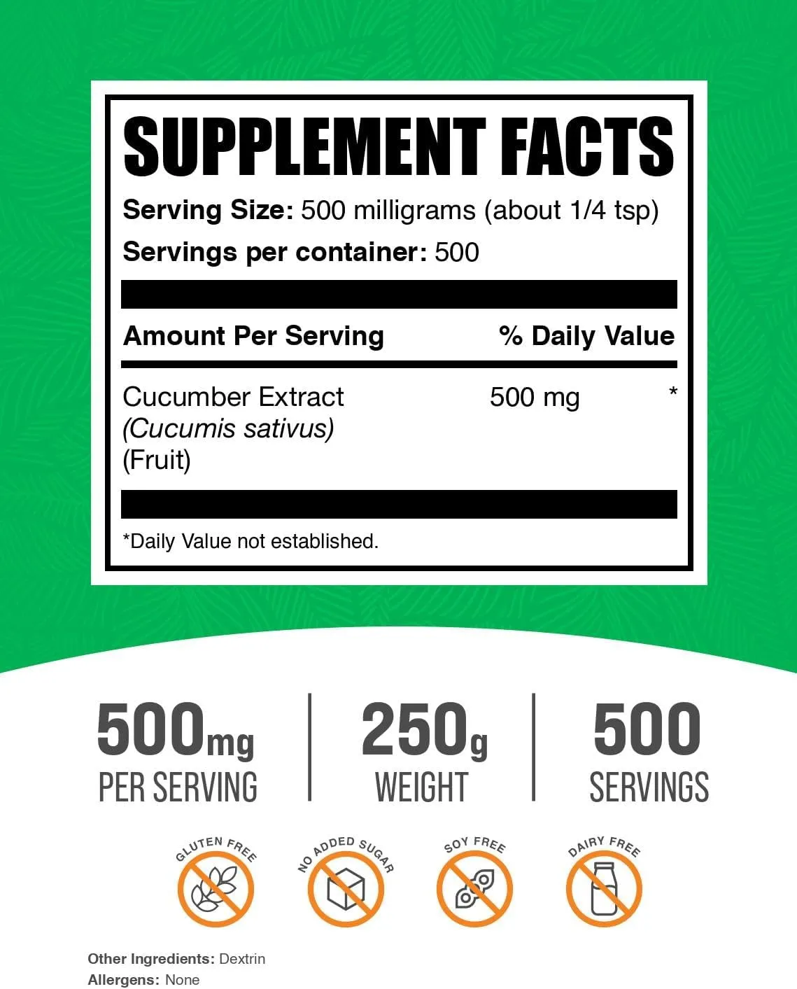 BulkSupplements.com Cucumber Extract Powder - Cucumber Supplement, Cucumber Powder, for Hydration - Vegan & Gluten Free, 500mg per Serving, 250g (8.8 oz) (Pack of 1)