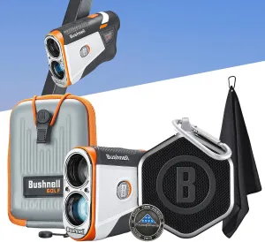 Bushnell Golf Patriot Player Pack with Tour V6 Shift Rangefinder with Slope, Premium Case, Wingman Mini GPS Speaker, Ball Marker & Signature Series Towel - Ultimate Golf Course GPS Caddie Bundle