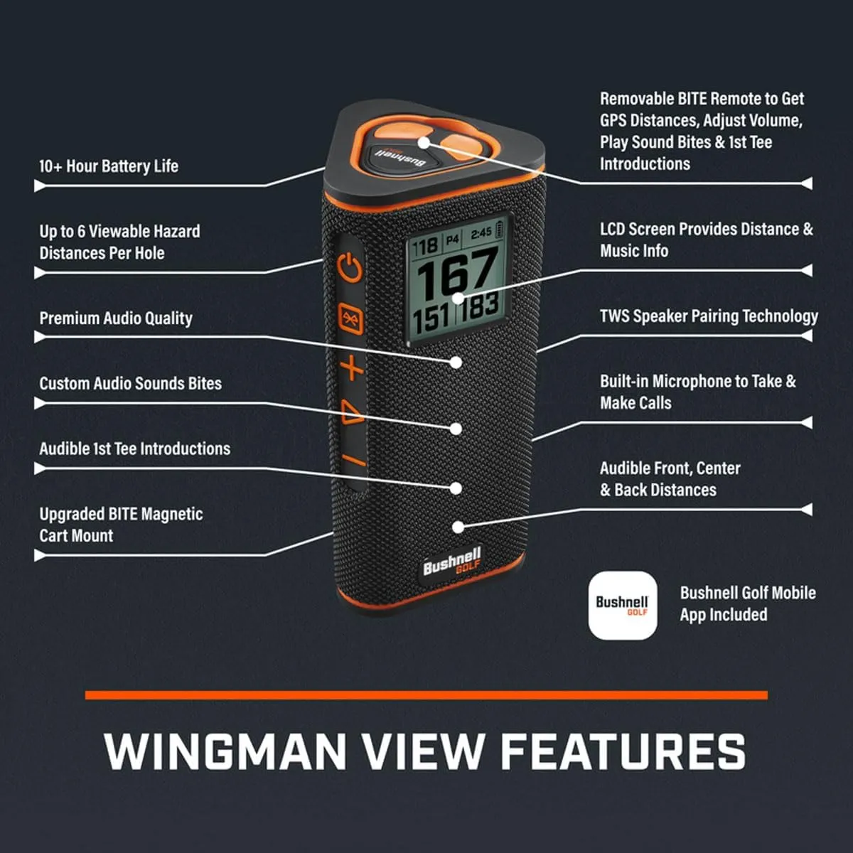 Bushnell Golf Wingman View GPS Speaker | LCD Screen, Magnetic Mount, Music & Audible Distances for 36,000  Courses, Wireless Remote, 36-Hole Battery, Hazard Info, Signature Series Golf Towel