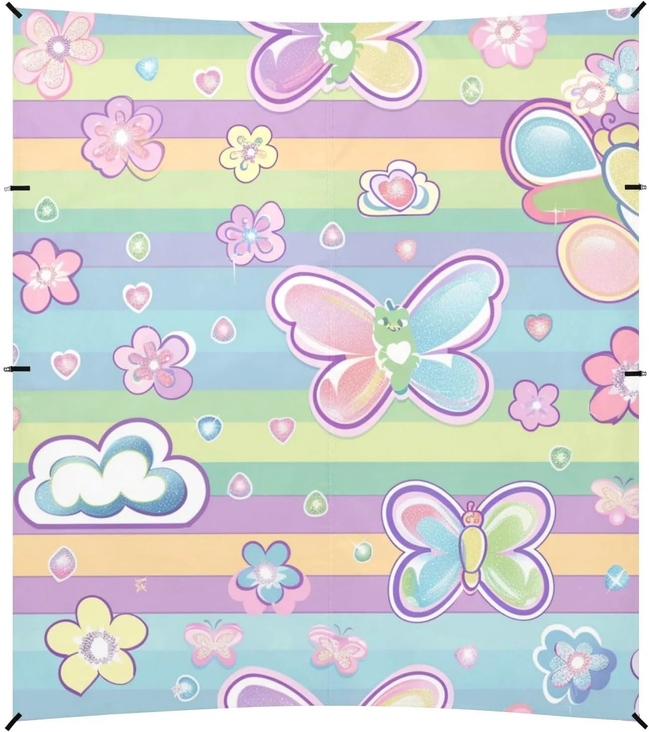 Butterfly Flower Cartoon Rainbow Stripe Foldable Beach Canopy UPF50  Water-Resistant Large Sun Shelter with Sand Shovel, Sandbags for Camping, Picnics, Backyard