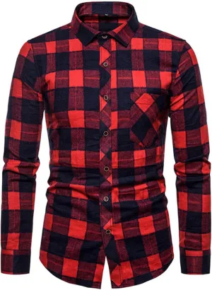 Button Down Shirt for Men Casual Plaid Y2K Shirt Slim Fit Lapel Long Sleeve Shirt Jacket Lightweight Flannel Shirts