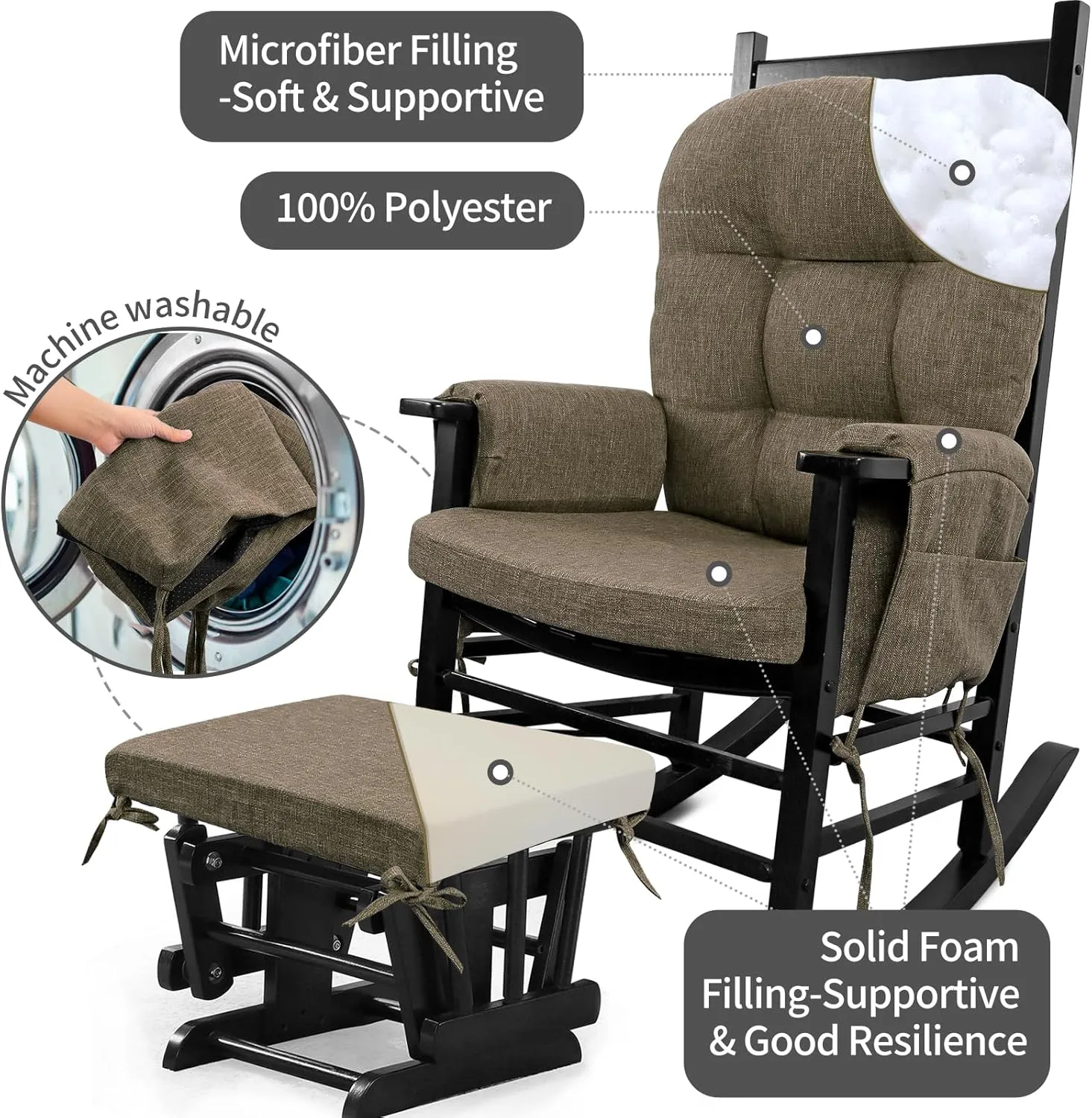 BUYUE Glider Rocker Replacement Cushion 5 PCS with Ties, Linen High-Density Foam Non-Slip & Washable Rocking Chair Pads for Sitting,Brown