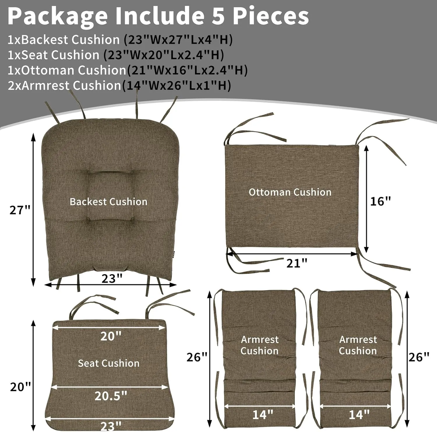 BUYUE Glider Rocker Replacement Cushion 5 PCS with Ties, Linen High-Density Foam Non-Slip & Washable Rocking Chair Pads for Sitting,Brown