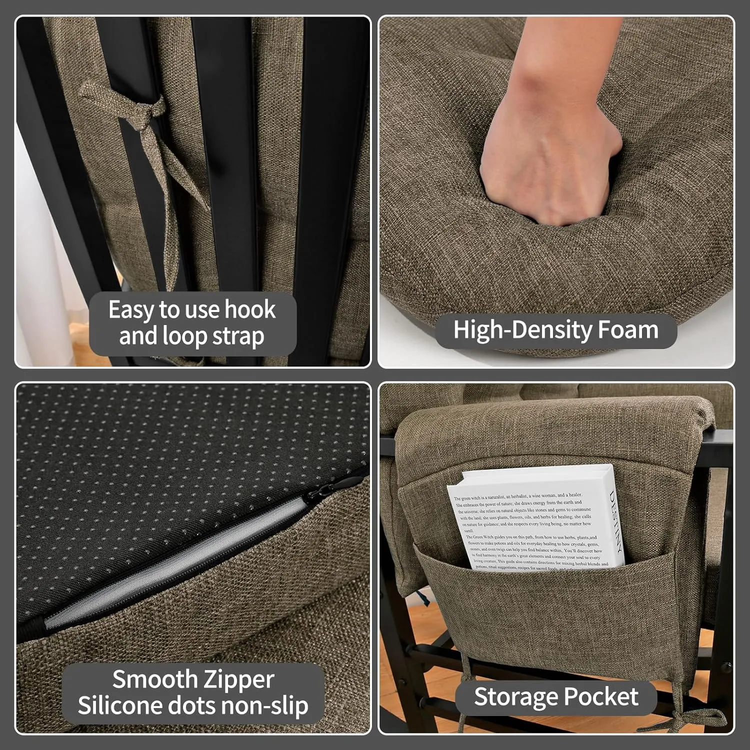BUYUE Glider Rocker Replacement Cushion 5 PCS with Ties, Linen High-Density Foam Non-Slip & Washable Rocking Chair Pads for Sitting,Brown