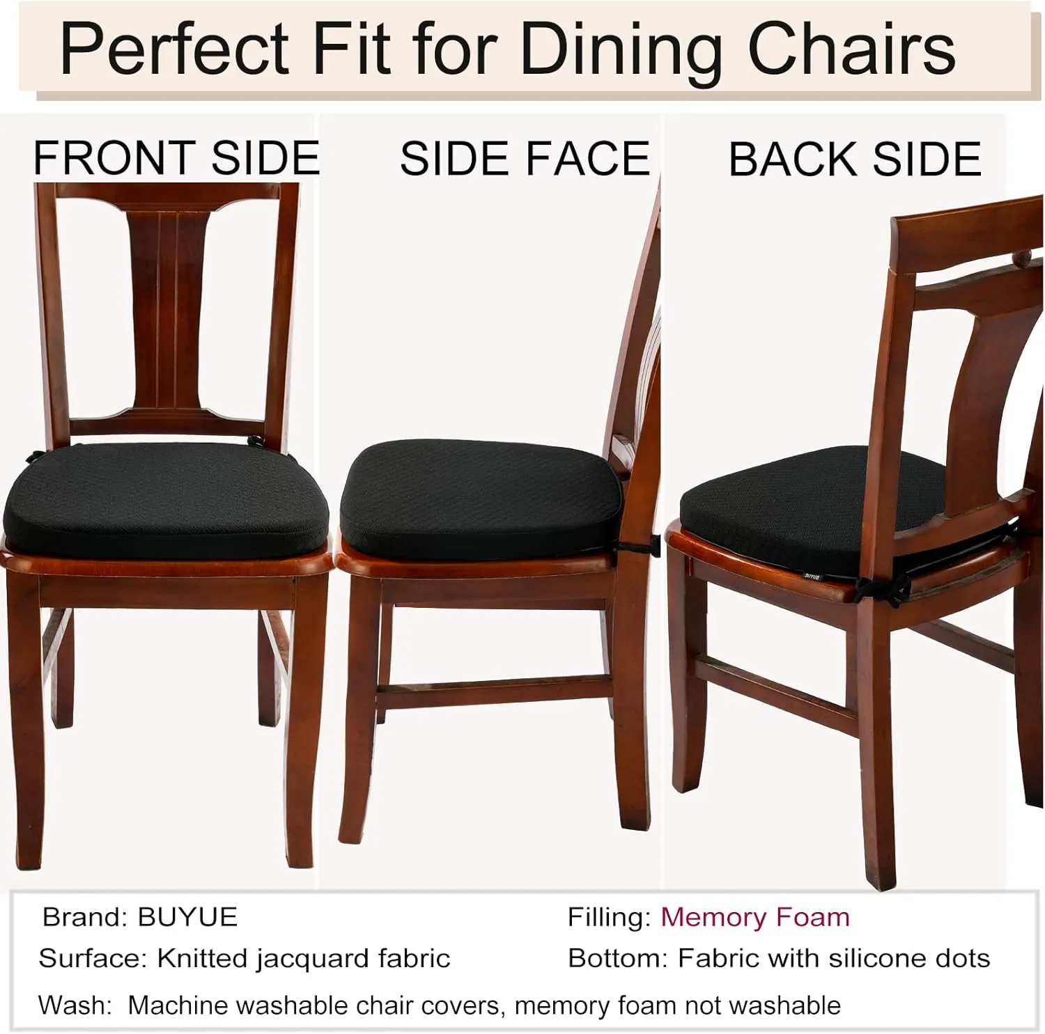 BUYUE Luxury 100% Pure Memory Foam Chair Cushion 1 Pack, Jacquard 16" U-Shape Comfortable Dining Chair Pad, Removable Slip Resistant Kitchen Chair Seat Cushion, (1 Piece, Black)