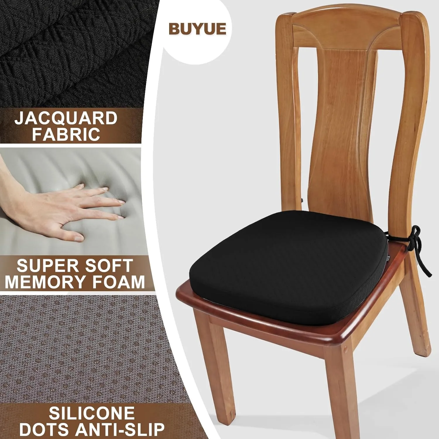 BUYUE Luxury 100% Pure Memory Foam Chair Cushion 1 Pack, Jacquard 16" U-Shape Comfortable Dining Chair Pad, Removable Slip Resistant Kitchen Chair Seat Cushion, (1 Piece, Black)