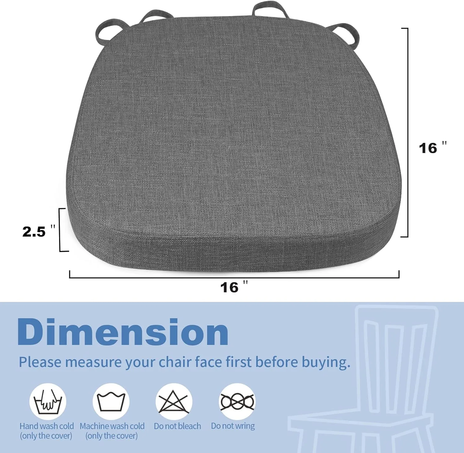 BUYUE Thickened 2.5" Friendly Woven Fabric Dining Chair Cushion, U-Shape High Density Foam Comfortable Chair Pad for Kitchen, Slip Resistant Indoor Seat Cushion (1 Piece, Dark Gray)
