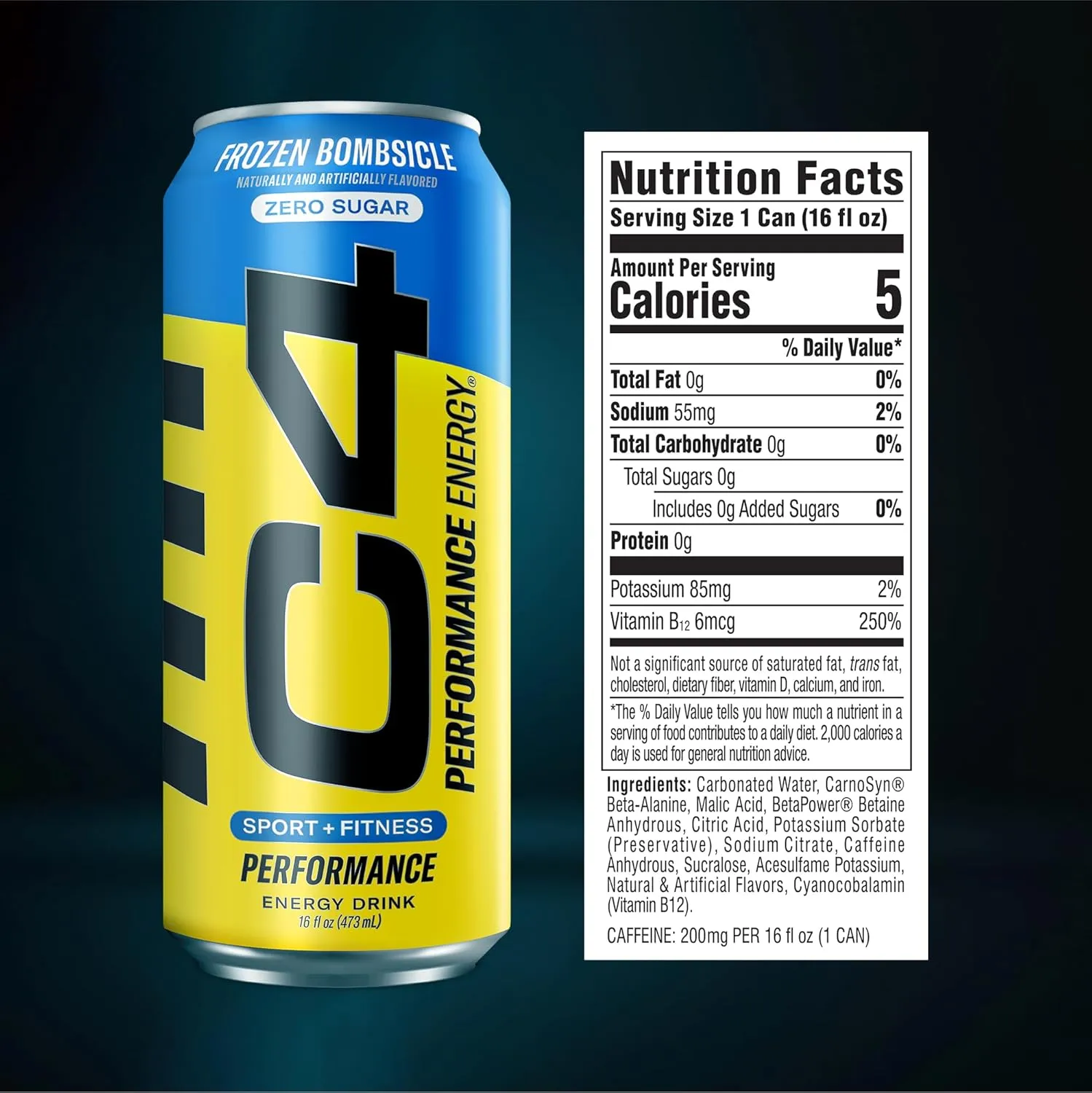 C4 Performance Energy Drink | Zero Sugar Carbonated Preworkout Energy | 200mg Caffeine with Beta Alanine | Frozen Bombiscle | 16 Fl Oz (12 Pack)