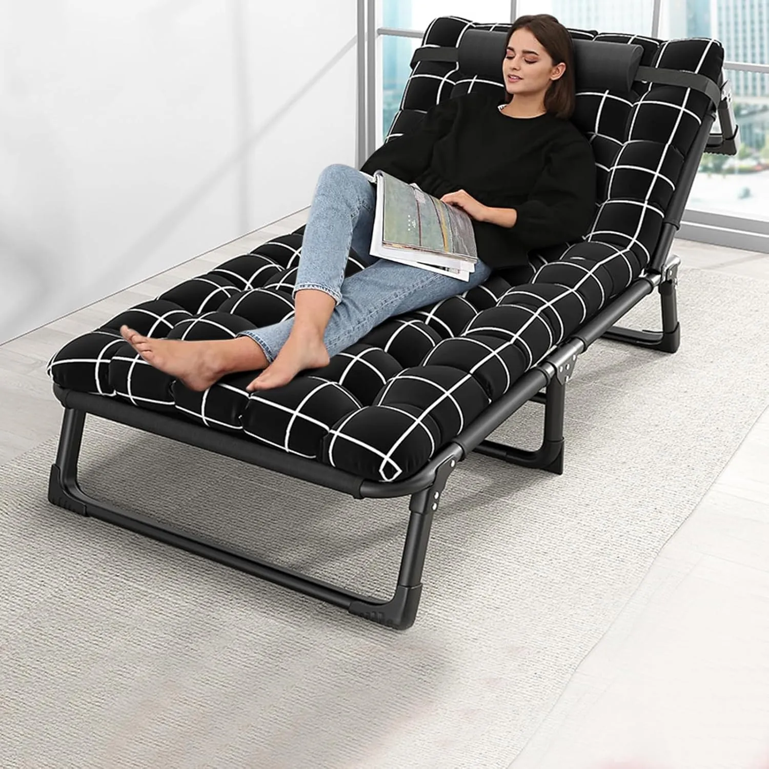 Camping Cot, Folding Camping Cot for Adults, Sleeping Cots for Adults, 4-Position Folding Chaise Lounge Chair, Portable Fold Out Chair Bed for Office Nap, Camping, Pool, Beach, Pati Black