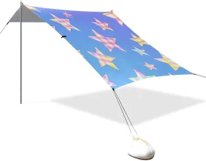 Cartoon Checkered Plaid Star Blue Designed UPF50  Foldable Beach Canopy Lightweight Large Sun Shade with Sand Shovel for Camping, Fishing, Backyard Fun carpa para la Playa