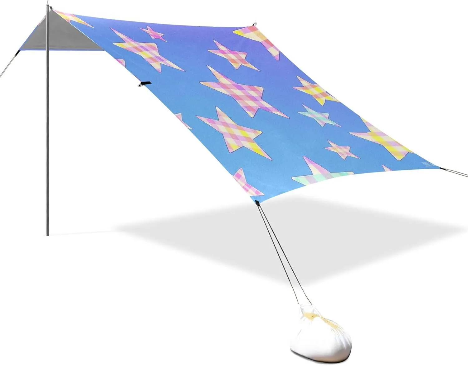 Cartoon Checkered Plaid Star Blue Designed UPF50  Foldable Beach Canopy Lightweight Large Sun Shade with Sand Shovel for Camping, Fishing, Backyard Fun carpa para la Playa