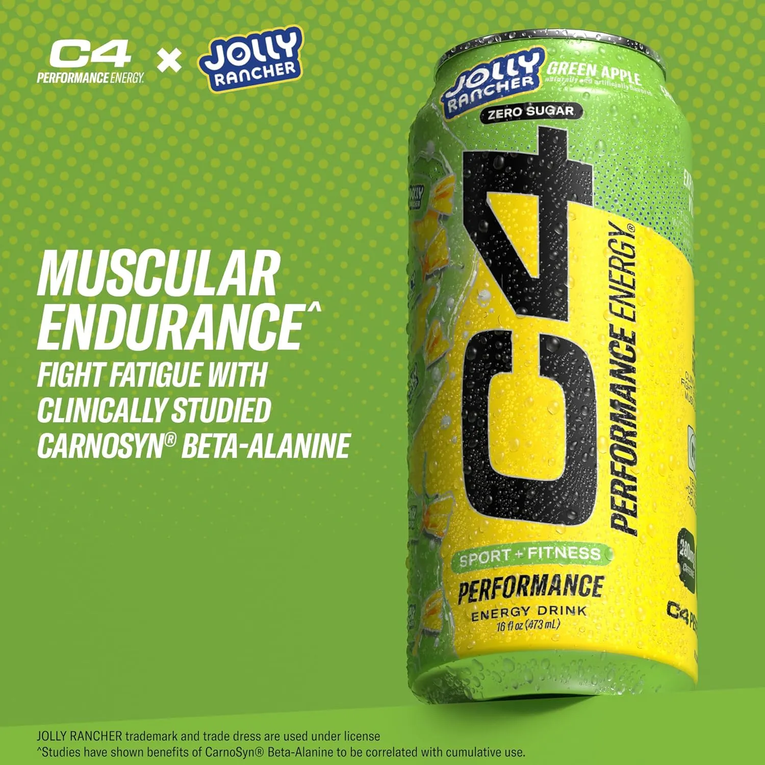 Cellucor C4 Performance Energy Drink | JOLLY RANCHER Green Apple | Zero Sugar Carbonated Preworkout Energy | 200mg Caffeine with Beta Alanine | 16 Fl Oz (12 Pack)