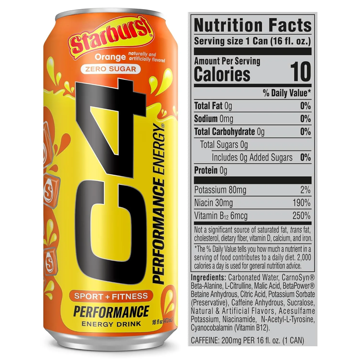 Cellucor C4 Performance Energy Drink | STARBURST Orange | Zero Sugar Carbonated Preworkout Energy | 200mg Caffeine with Beta Alanine | 16 Fl Oz (12 Pack)