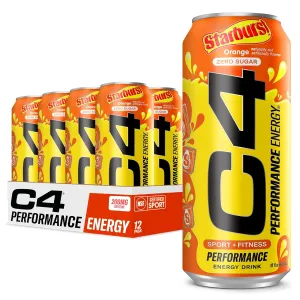 Cellucor C4 Performance Energy Drink | STARBURST Orange | Zero Sugar Carbonated Preworkout Energy | 200mg Caffeine with Beta Alanine | 16 Fl Oz (12 Pack)