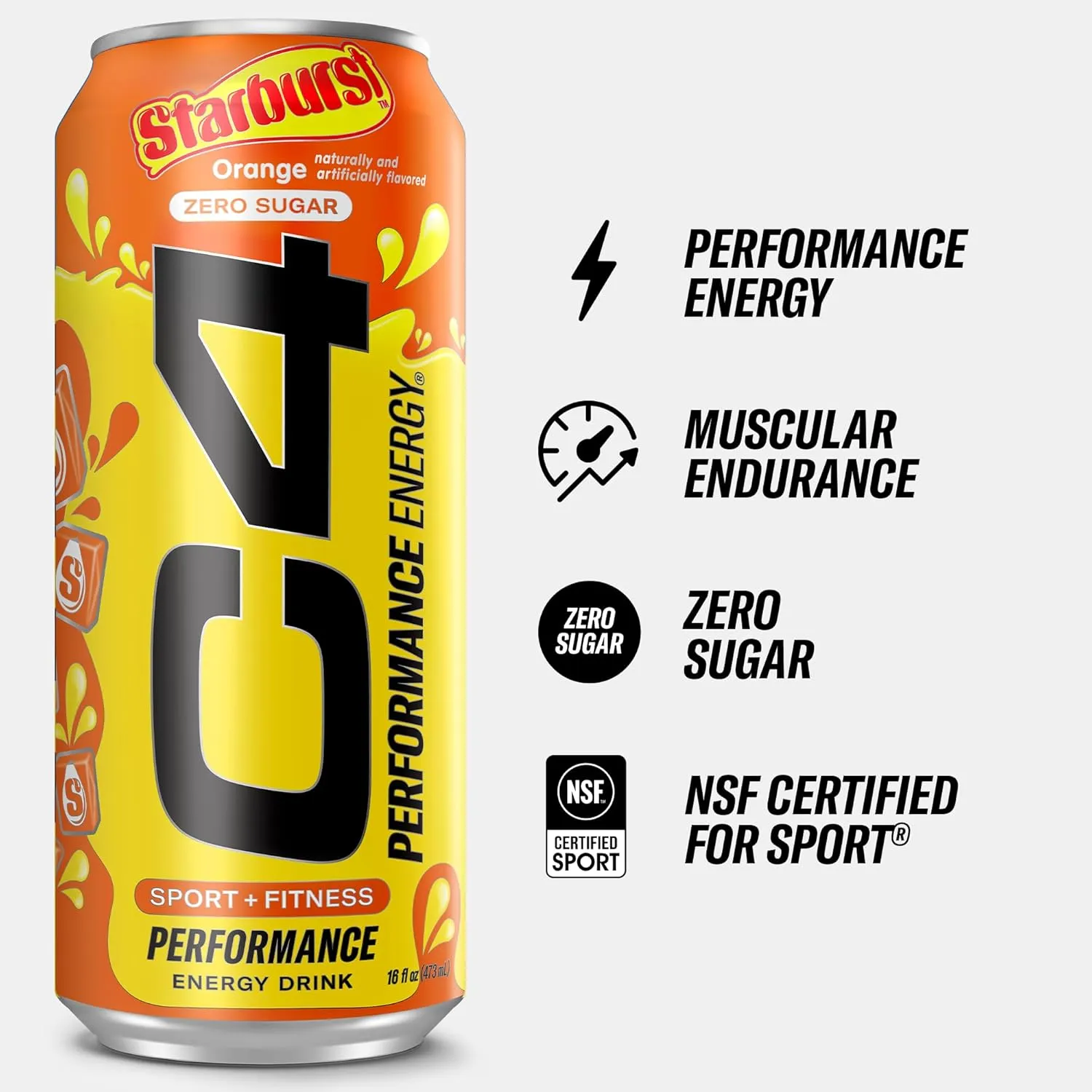 Cellucor C4 Performance Energy Drink | STARBURST Orange | Zero Sugar Carbonated Preworkout Energy | 200mg Caffeine with Beta Alanine | 16 Fl Oz (12 Pack)