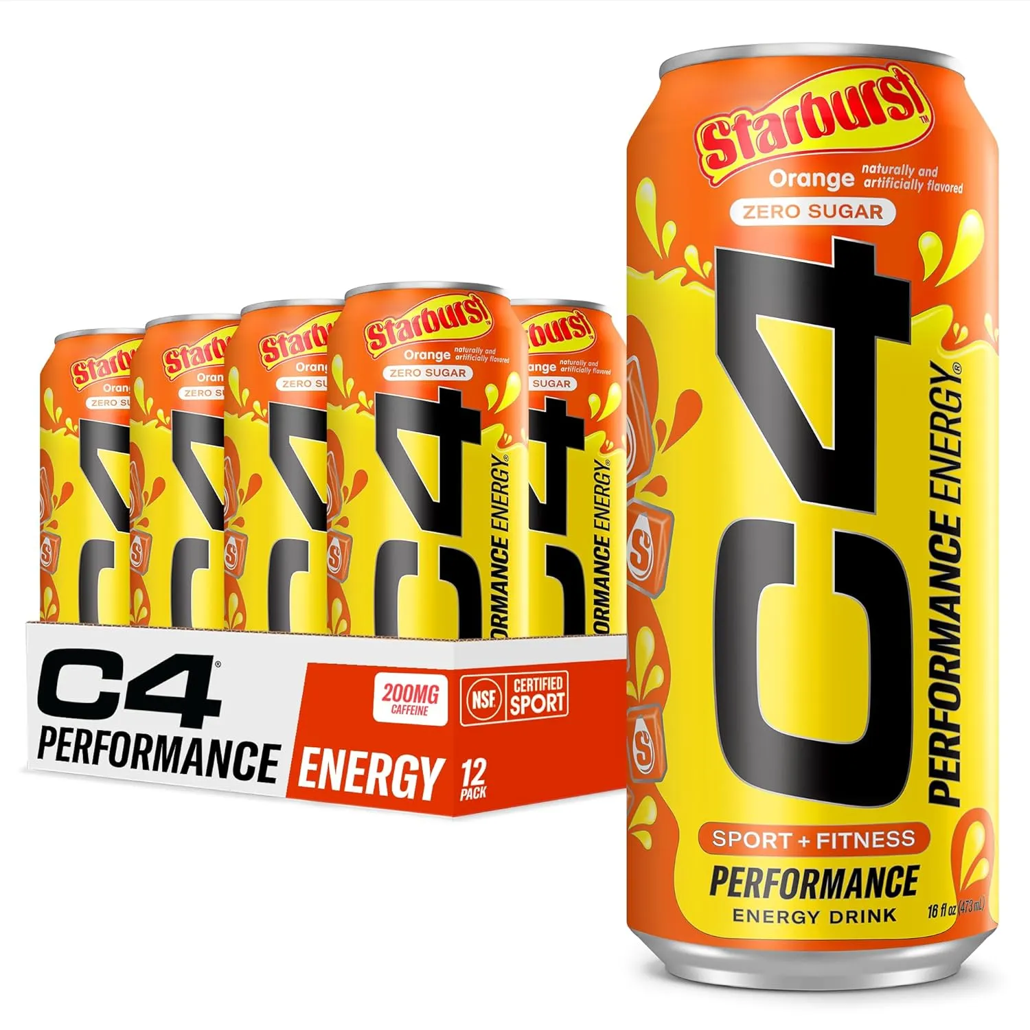 Cellucor C4 Performance Energy Drink | STARBURST Orange | Zero Sugar Carbonated Preworkout Energy | 200mg Caffeine with Beta Alanine | 16 Fl Oz (12 Pack)