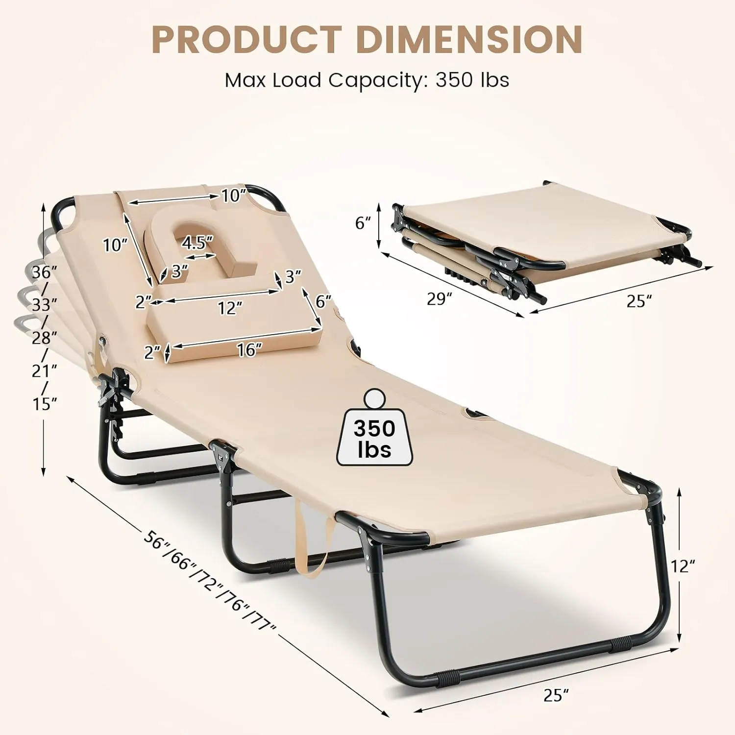 Chaise Lounge Beach Chair, Adjustable Beach Recliner w/Face Hole & Removable Cushions, 5-Position Folding Sun Tanning Chair for Poolside, Patio, Camping, Sunbathing (1, Beige)