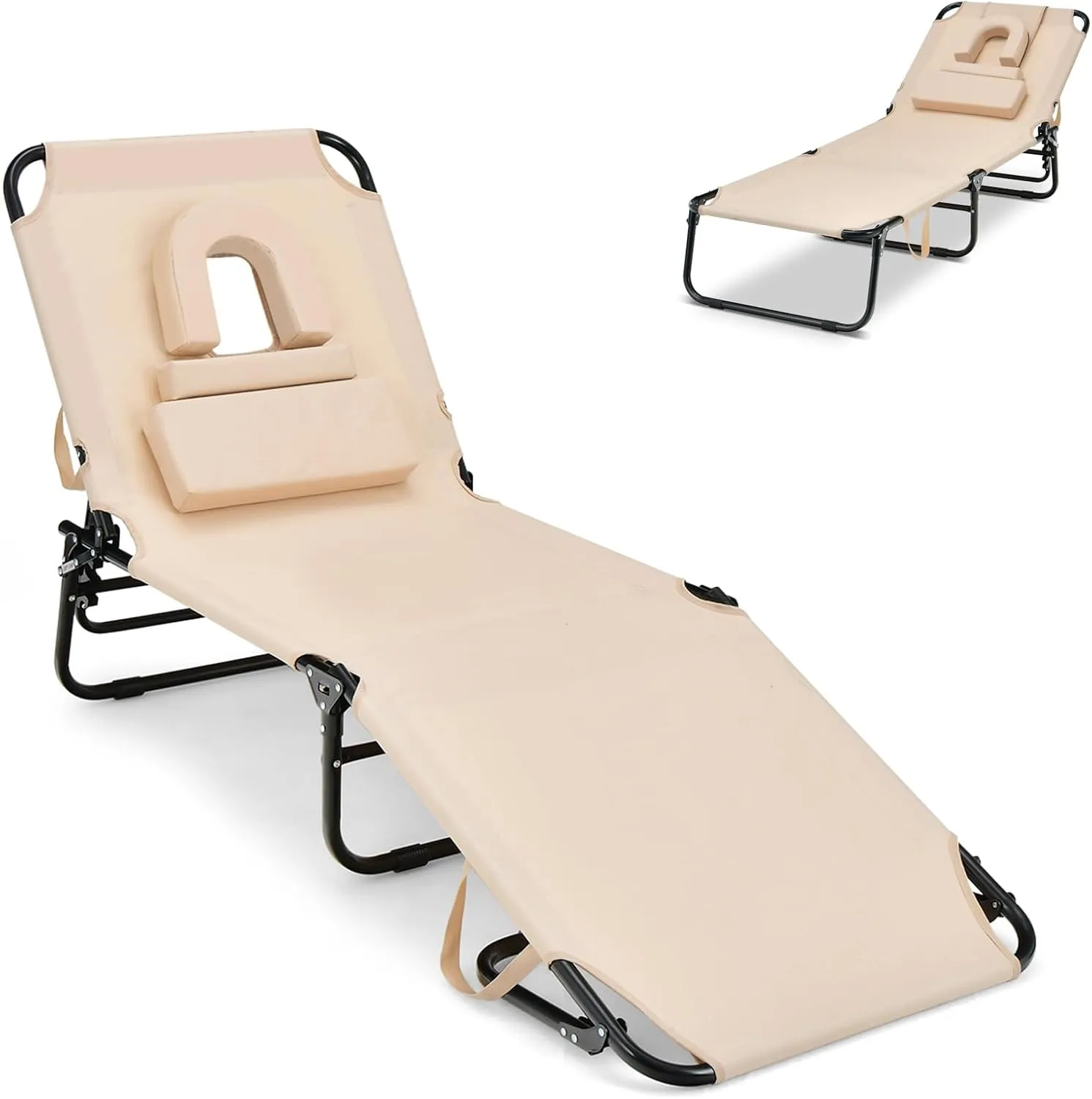 Chaise Lounge Beach Chair, Adjustable Beach Recliner w/Face Hole & Removable Cushions, 5-Position Folding Sun Tanning Chair for Poolside, Patio, Camping, Sunbathing (1, Beige)