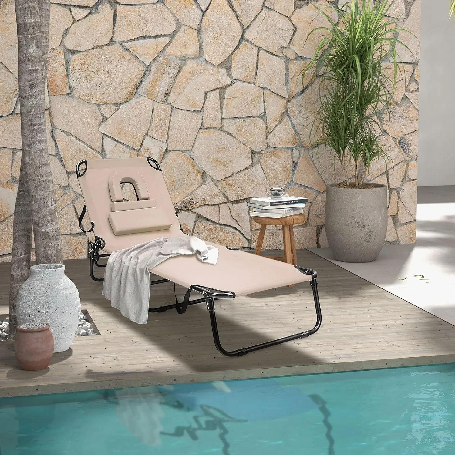 Chaise Lounge Beach Chair, Adjustable Beach Recliner w/Face Hole & Removable Cushions, 5-Position Folding Sun Tanning Chair for Poolside, Patio, Camping, Sunbathing (1, Beige)