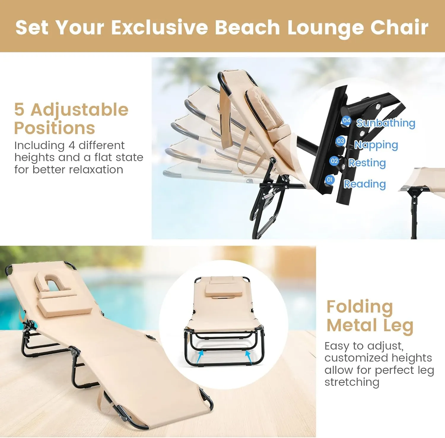 Chaise Lounge Beach Chair, Adjustable Beach Recliner w/Face Hole & Removable Cushions, 5-Position Folding Sun Tanning Chair for Poolside, Patio, Camping, Sunbathing (1, Beige)