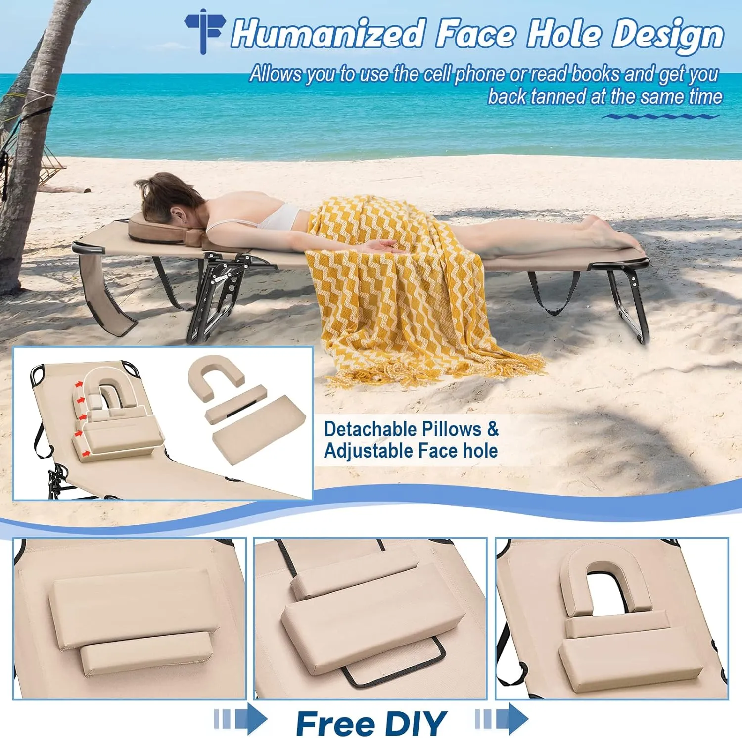 Chaise Lounge Beach Chair, Adjustable Beach Recliner w/Face Hole & Removable Cushions, 5-Position Folding Sun Tanning Chair for Poolside, Patio, Camping, Sunbathing (1, Beige)