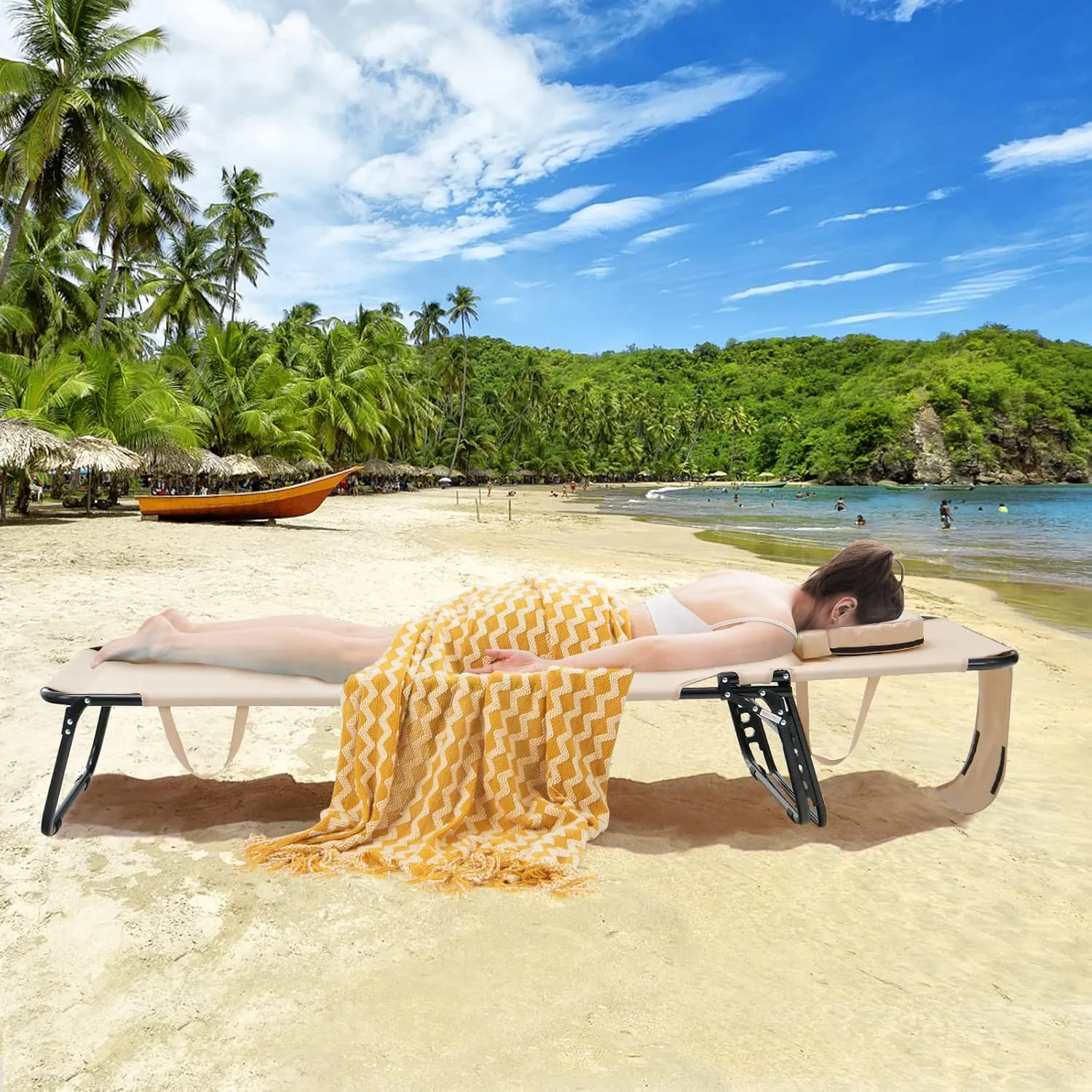 Chaise Lounge Beach Chair, Adjustable Beach Recliner w/Face Hole & Removable Cushions, 5-Position Folding Sun Tanning Chair for Poolside, Patio, Camping, Sunbathing (1, Beige)