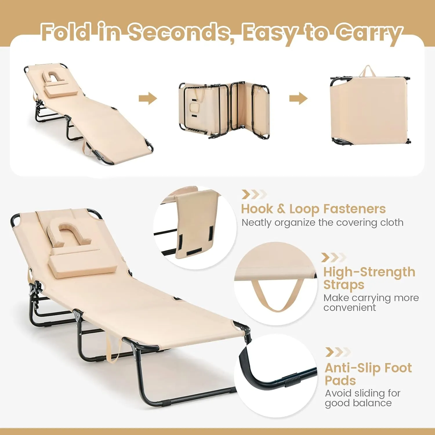 Chaise Lounge Beach Chair, Adjustable Beach Recliner w/Face Hole & Removable Cushions, 5-Position Folding Sun Tanning Chair for Poolside, Patio, Camping, Sunbathing (1, Beige)