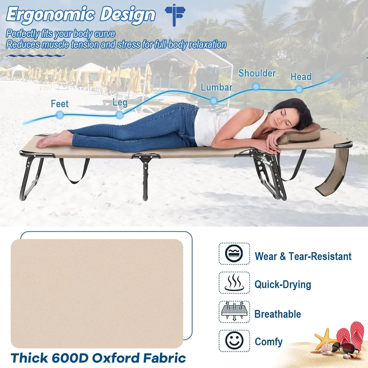 Chaise Lounge Beach Chair, Adjustable Beach Recliner w/Face Hole & Removable Cushions, 5-Position Folding Sun Tanning Chair for Poolside, Patio, Camping, Sunbathing (1, Beige)
