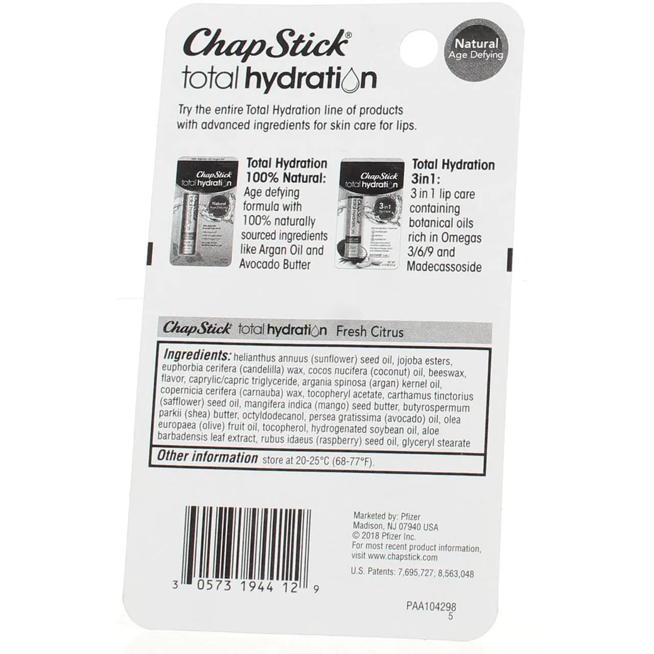 ChapStick Total Hydration Lip Care Balm, Fresh Citrus 0.12 oz ( Pack of 3)