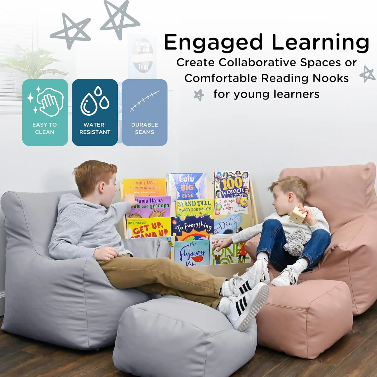 Children's Factory Cozy Chair and Ottoman Set, Flexible Seating Classroom Furniture, Comfy Kids Chairs, Gray
