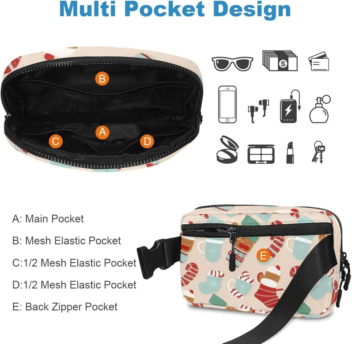 Christmas Elements-3 Unisex Style Fanny Pack: Fashion Waist Packs, Crossbody Bags Sport Slim Fashionable for Jogging Hiking Hiker Woman Man