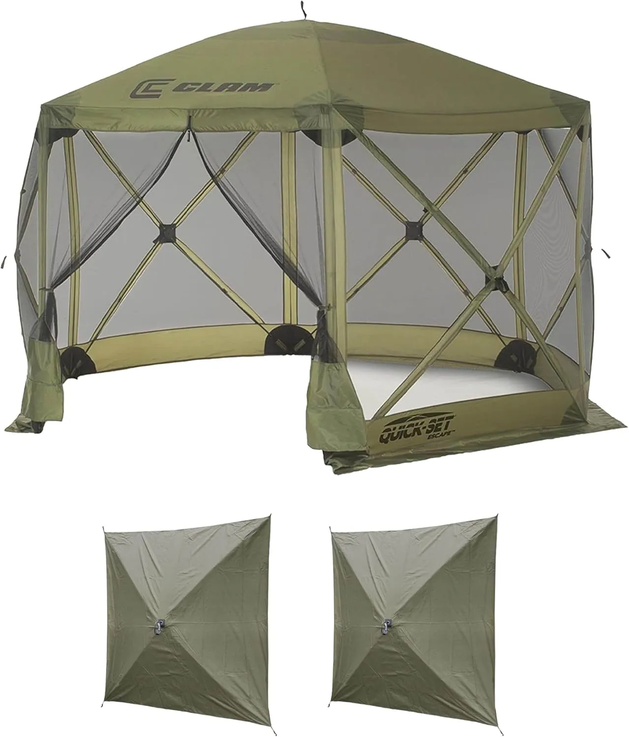 CLAM Quick Set Escape 12 x 12 Foot Portable Pop Up Outdoor Camping Gazebo Canopy Shelter Tent with Carry Bag and Wind Panels (2 Pack), Green