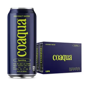 CoAqua Sparkling Coconut Water, 12 Pack, Natural Electrolytes for Hydration, Naturally Sweet Electrolyte Drink Potassium, Pure Coconut Water Not from Concentrate, Fat Free, Low Sugar, 16.9 Fl Oz Cans