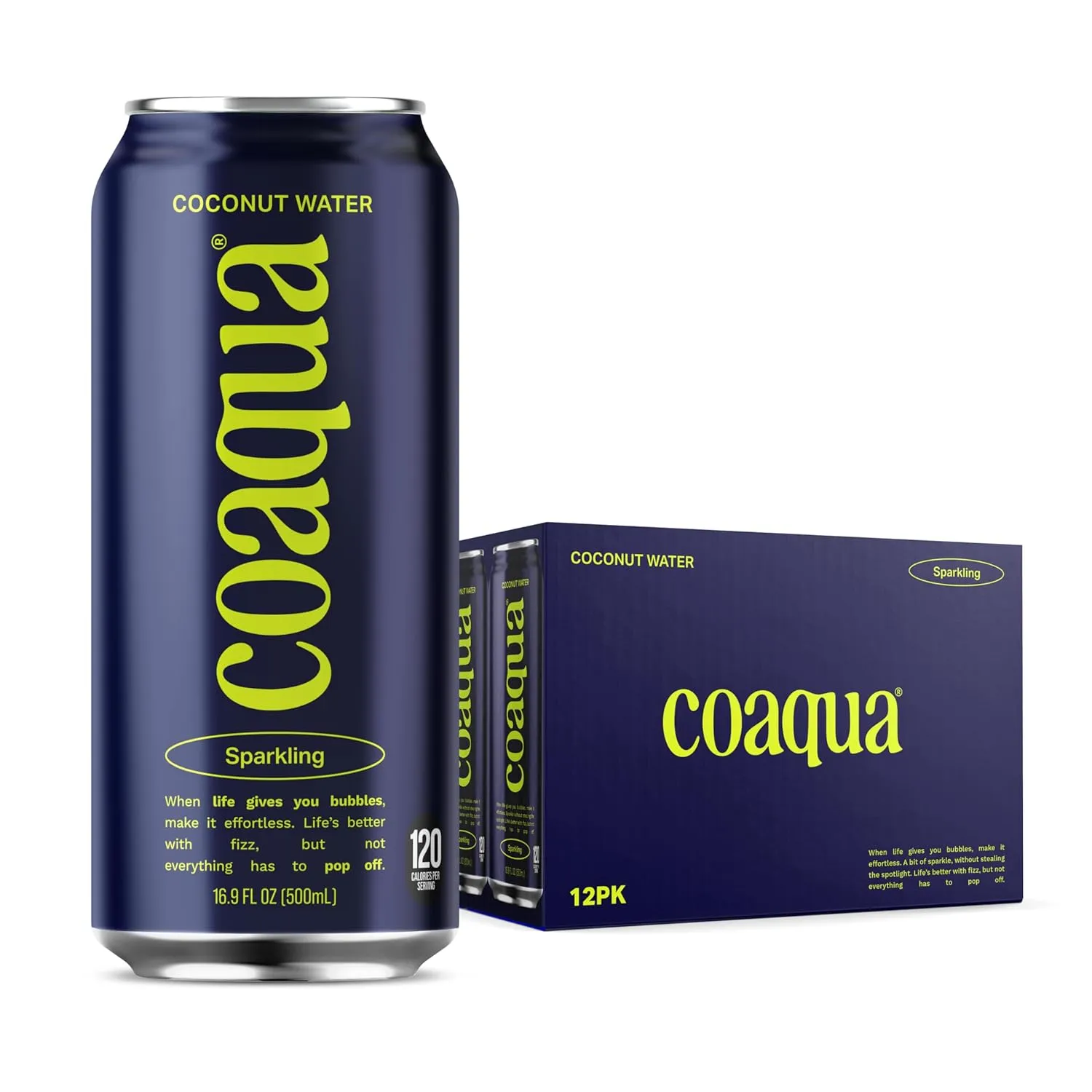 CoAqua Sparkling Coconut Water, 12 Pack, Natural Electrolytes for Hydration, Naturally Sweet Electrolyte Drink Potassium, Pure Coconut Water Not from Concentrate, Fat Free, Low Sugar, 16.9 Fl Oz Cans