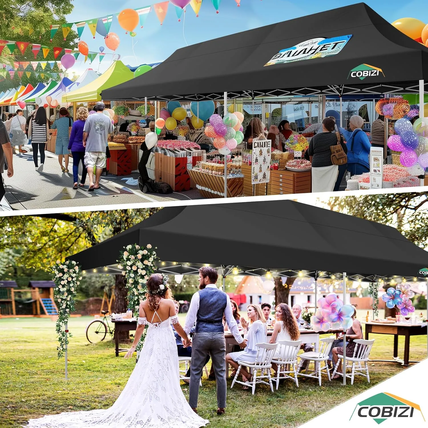 COBIZI 10x30 Pop Up Canopy Tent with 8 Removable Sidewalls, Easy Setup Canopy with Roller Bag & Sandbags，Waterproof and UPF50  Gazebo Tent, Outdoor Gazebo for BBQ Party Wedding Events Tent, Black