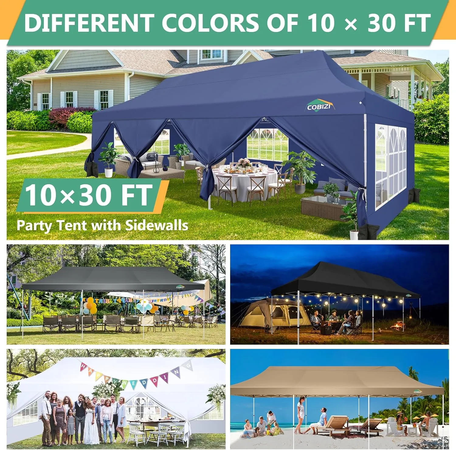 COBIZI 10x30 Pop Up Canopy Tent with 8 Removable Sidewalls, Easy Setup Canopy with Roller Bag & Sandbags，Waterproof and UPF50  Gazebo Tent, Outdoor Gazebo for BBQ Party Wedding Events Tent, Black