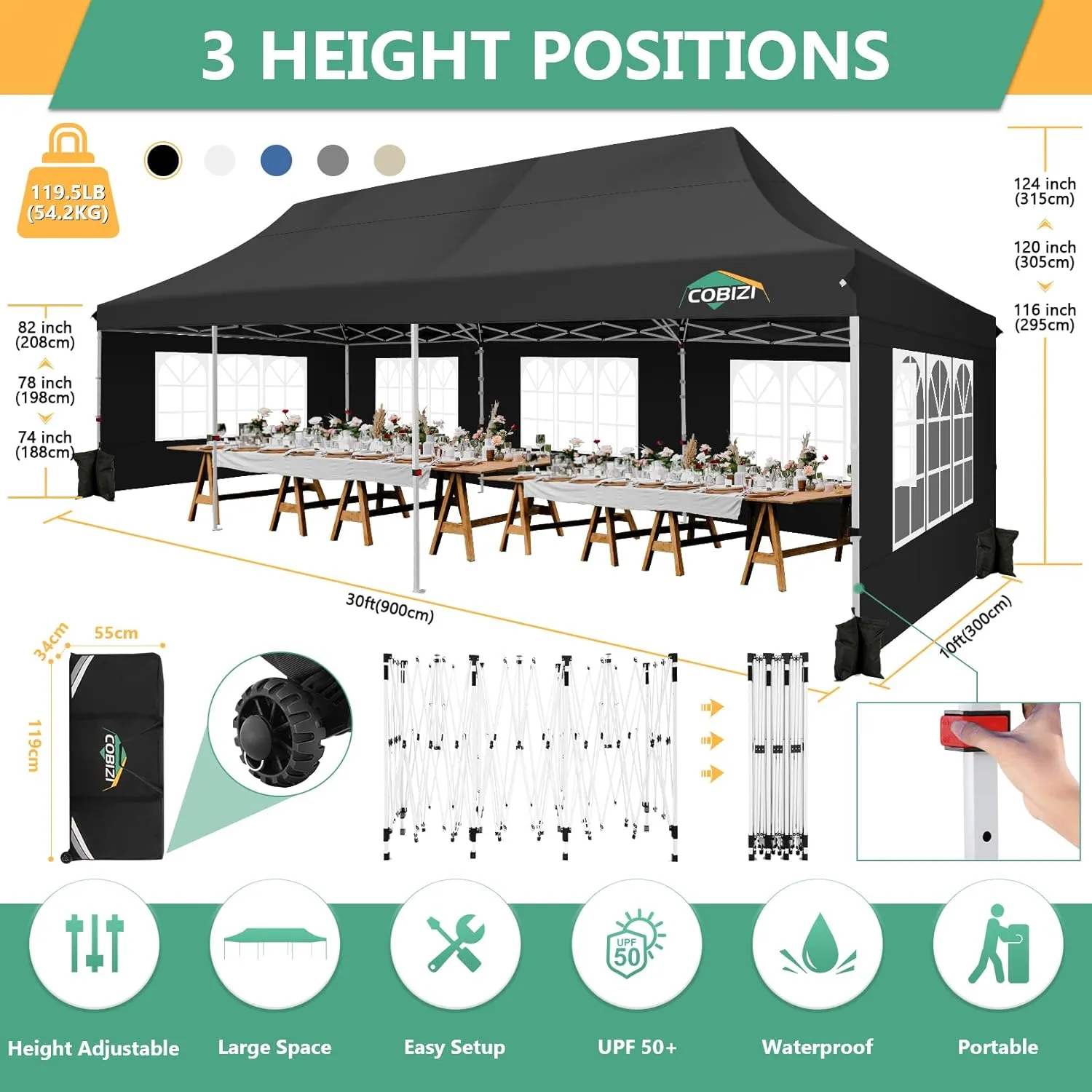COBIZI 10x30 Pop Up Canopy Tent with 8 Removable Sidewalls, Easy Setup Canopy with Roller Bag & Sandbags，Waterproof and UPF50  Gazebo Tent, Outdoor Gazebo for BBQ Party Wedding Events Tent, Black